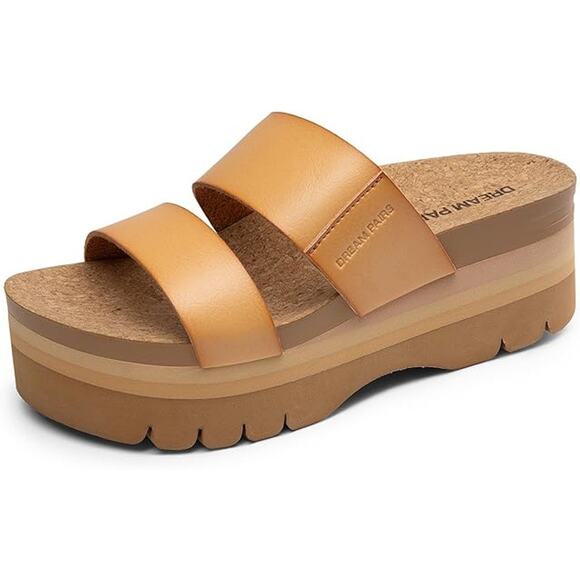 Dream Pairs Womens Size 6.5 Tan 2.5" Wedge Platform Slide Sandal Open Toe Shoes - Picture 1 of 7